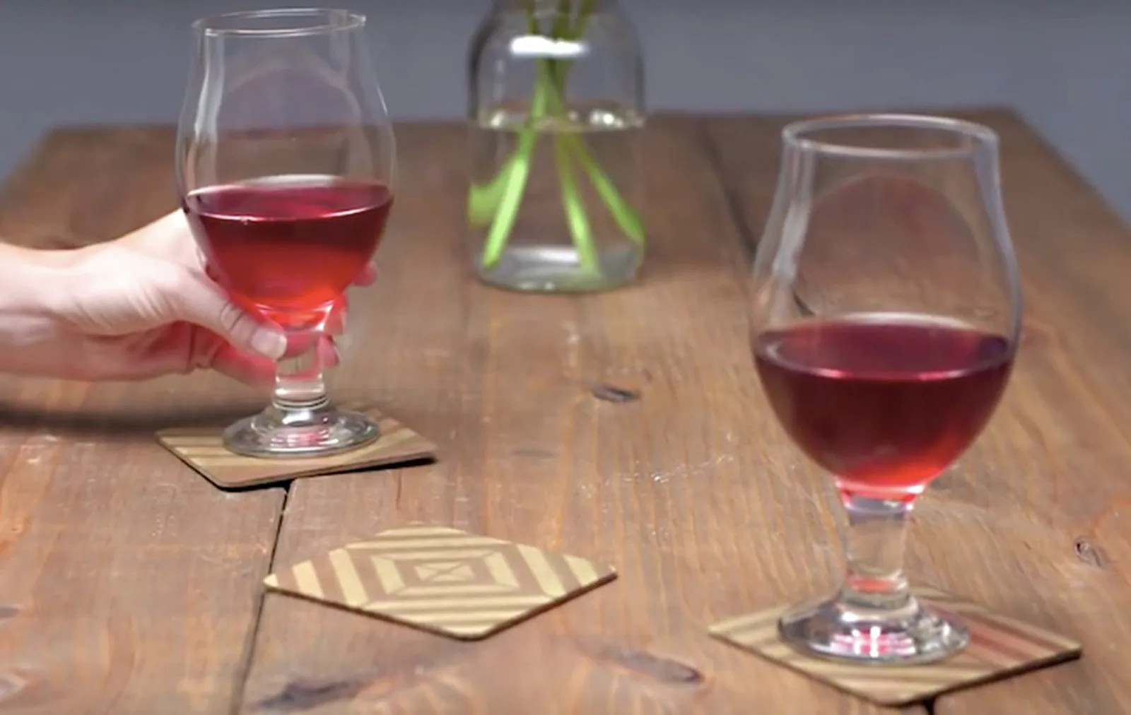 Gold stenciled coasters with wine glasses