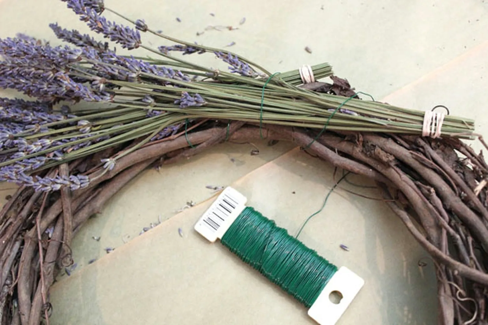 Wrap the second lavender bunch around the wreath.