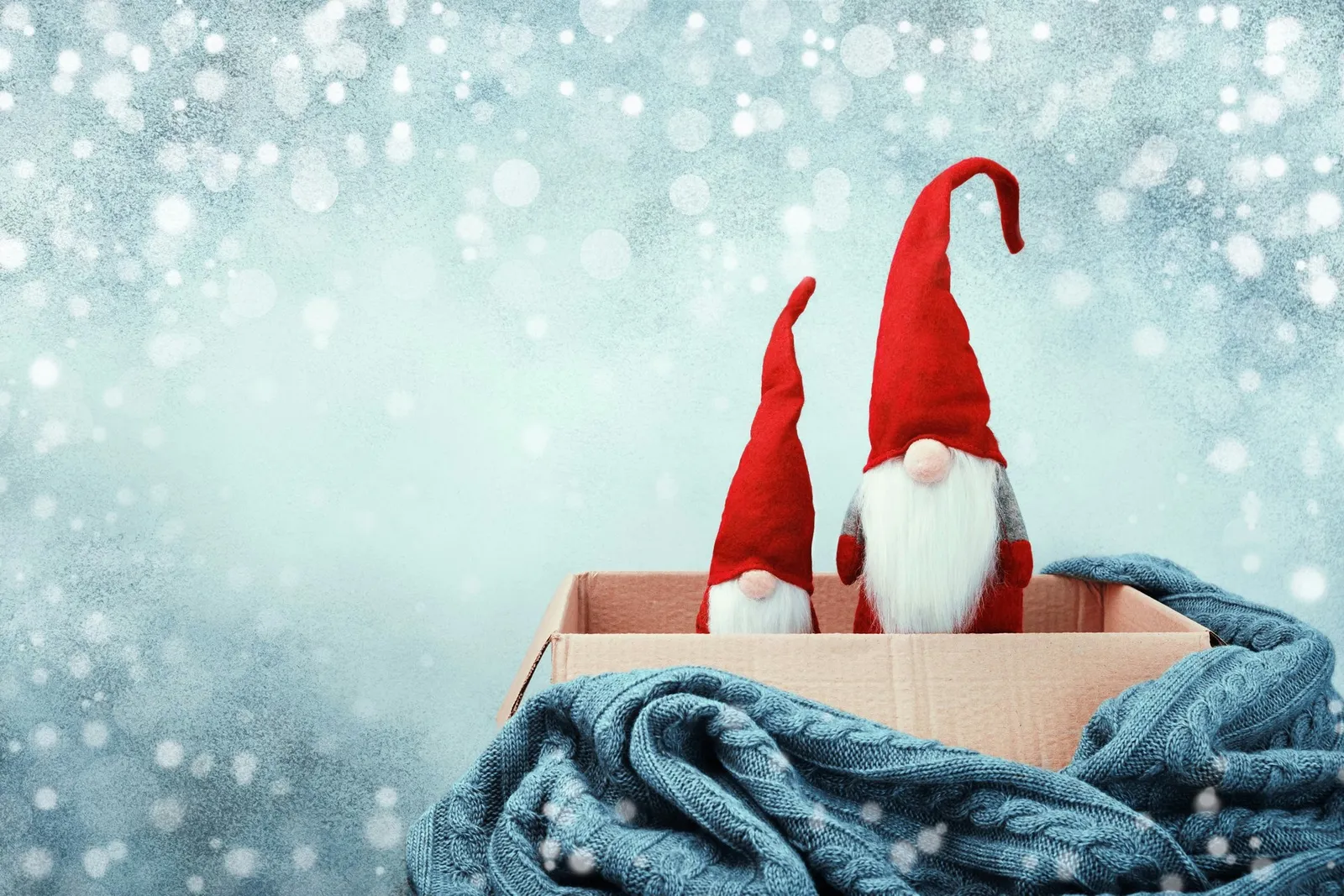 Two Christmas gnomes in open box, knitted blanket