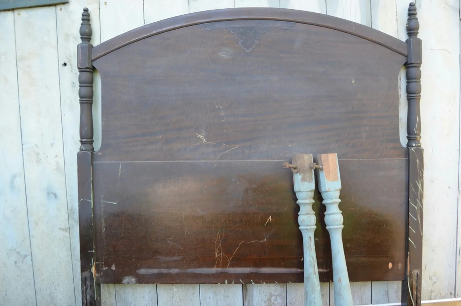 headboard and salvaged table legs to make into a bench