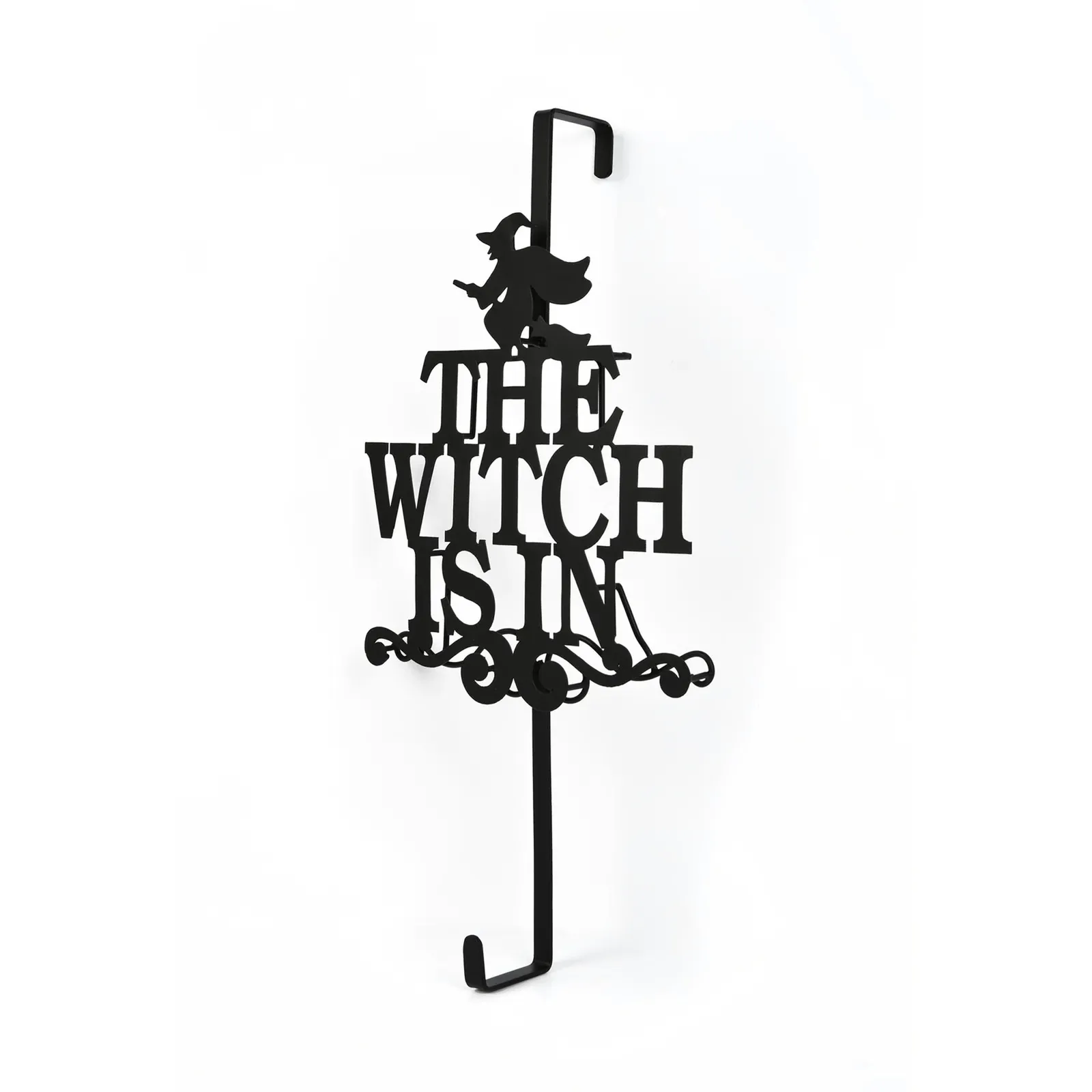 Wreath Hanger from Wayfair that says "The Witch Is In" with the image of a witch flying on a broom. It hooks over the top of your door, so no nail is necessary.
