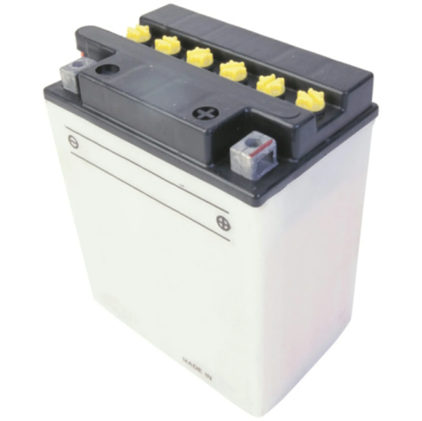 A 12-volt battery has six cell vent caps. The vent caps on this battery are yellow and are placed at the top of the battery.