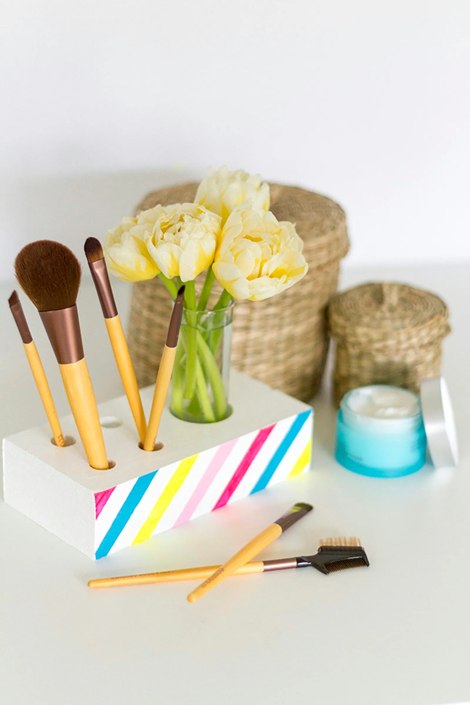 Give the block 24 hours to dry before styling it with brushes and a vase.