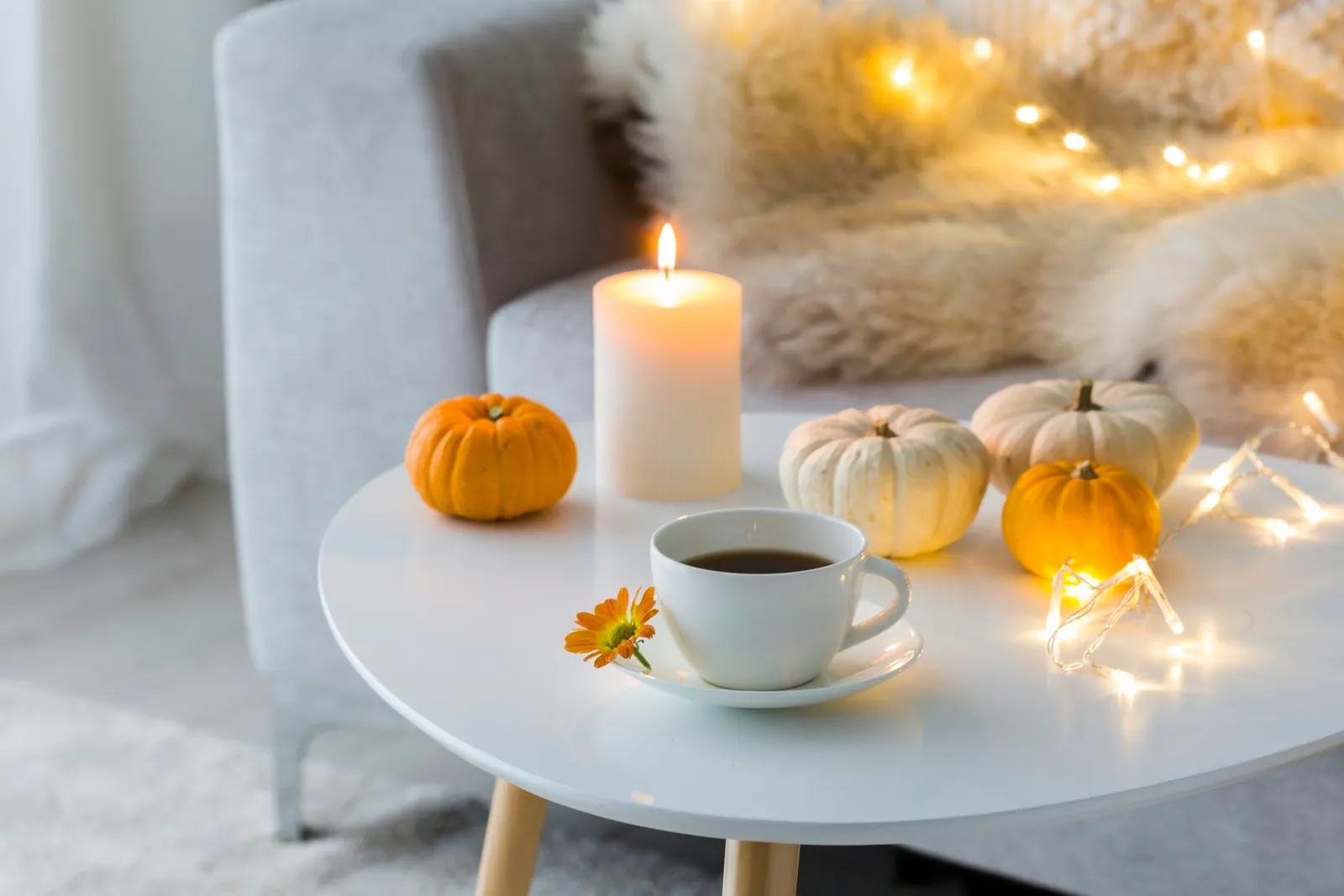 Yellow and white themed autumn interior decor