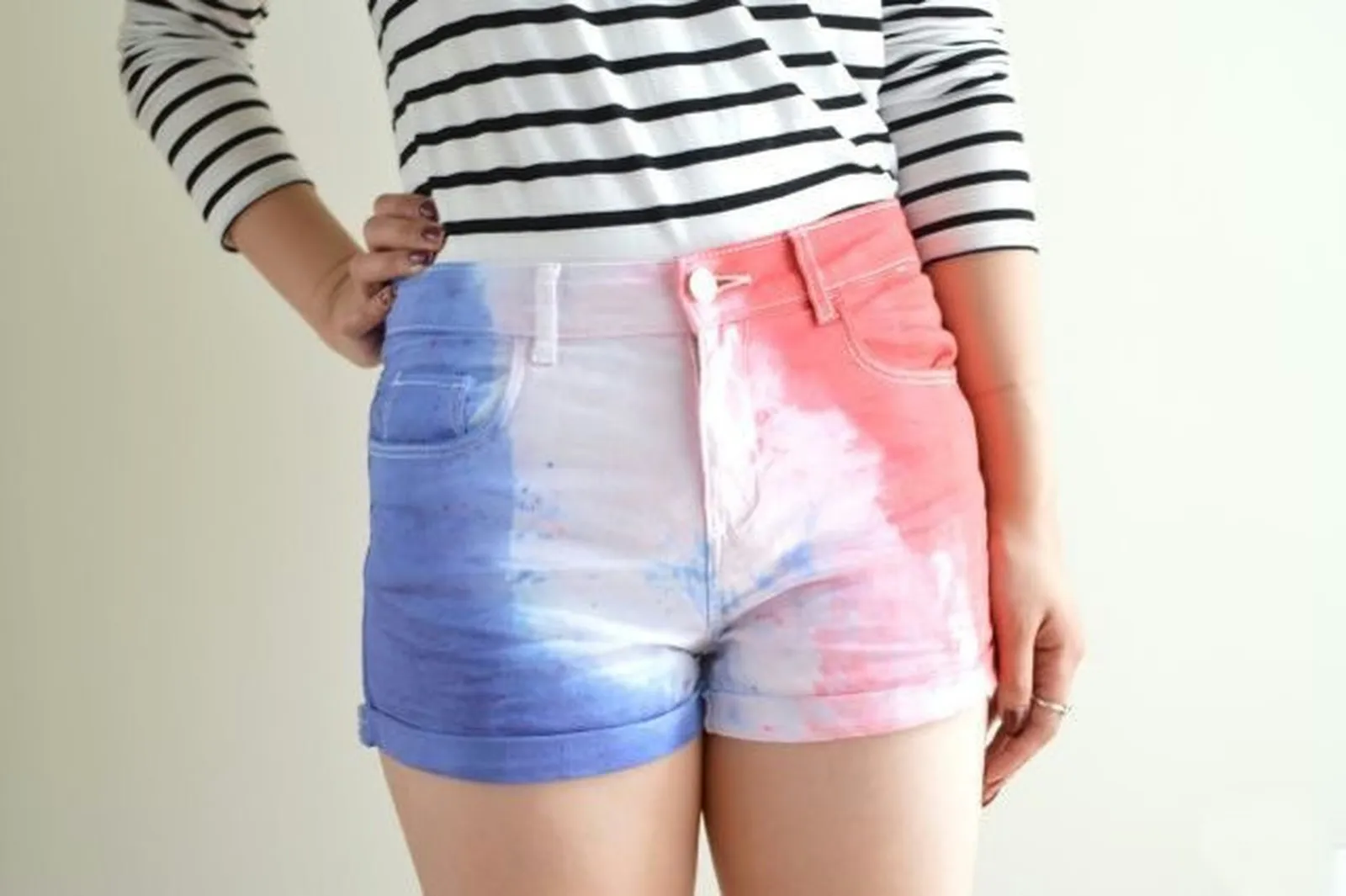 Red, white and blue tie dye shorts.