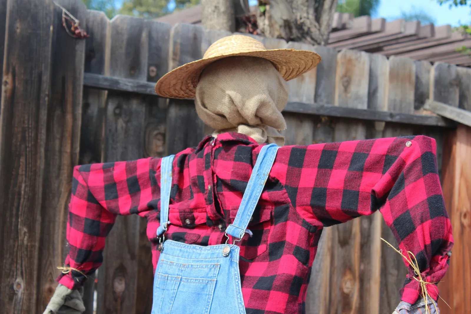 Straw hat added to scarecrow.