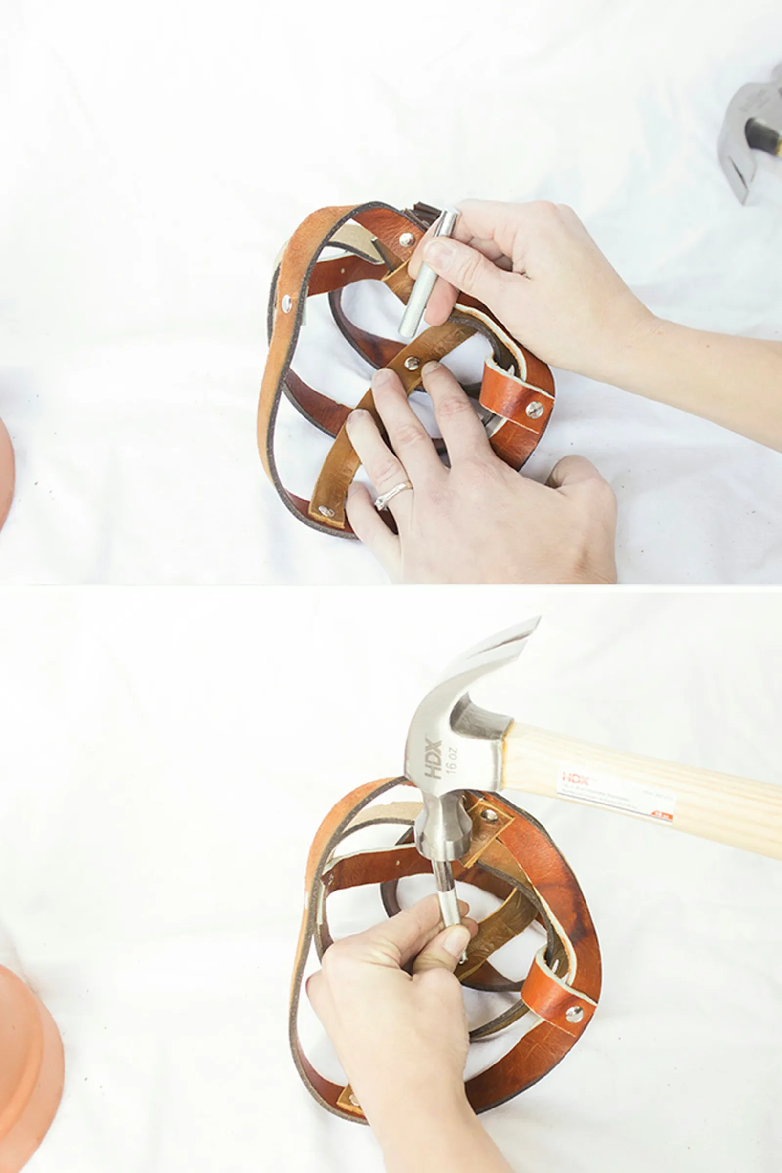 Attaching rivet to support straps.