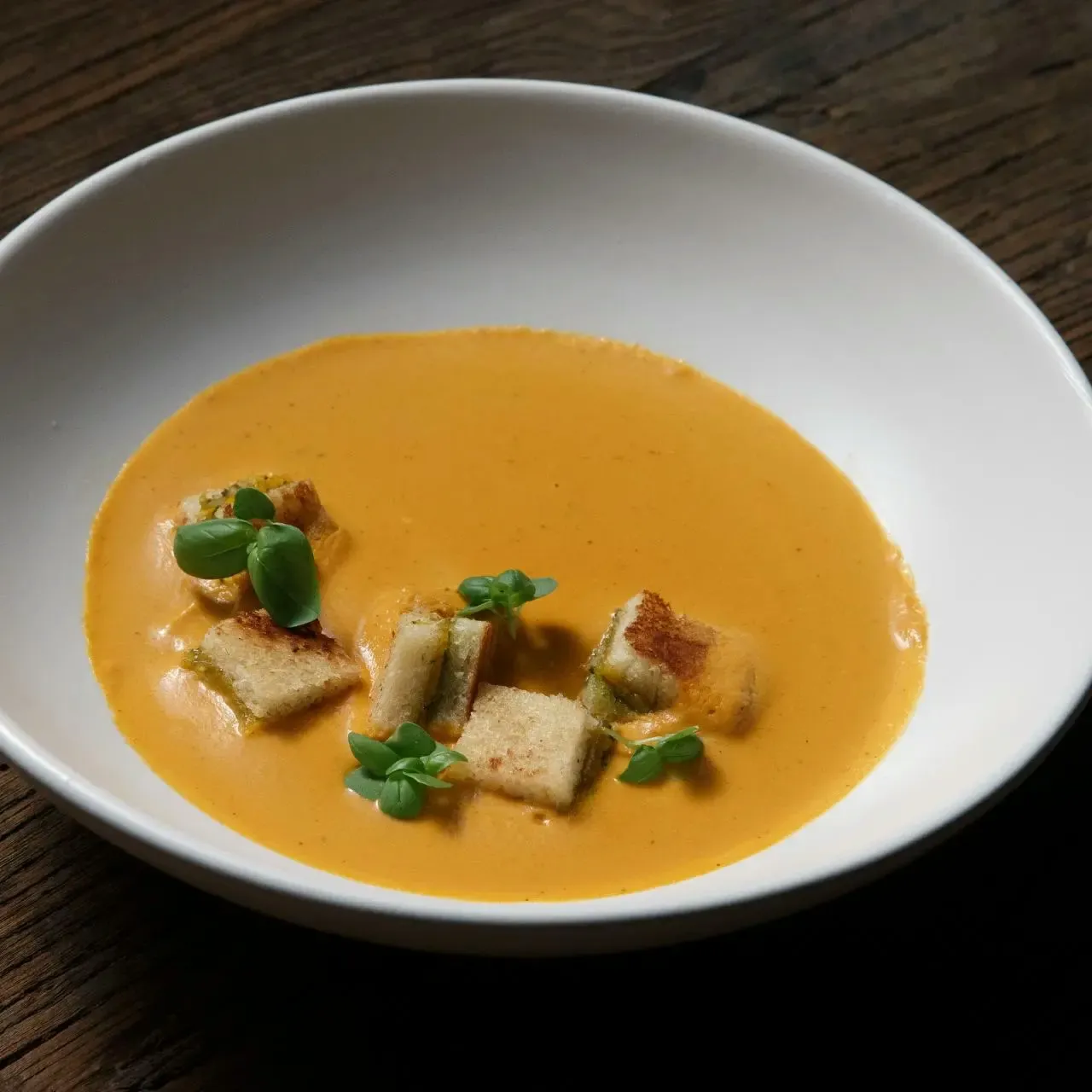 Tomato Sweet Potato Bisque with Pesto Grilled Cheese Croutons