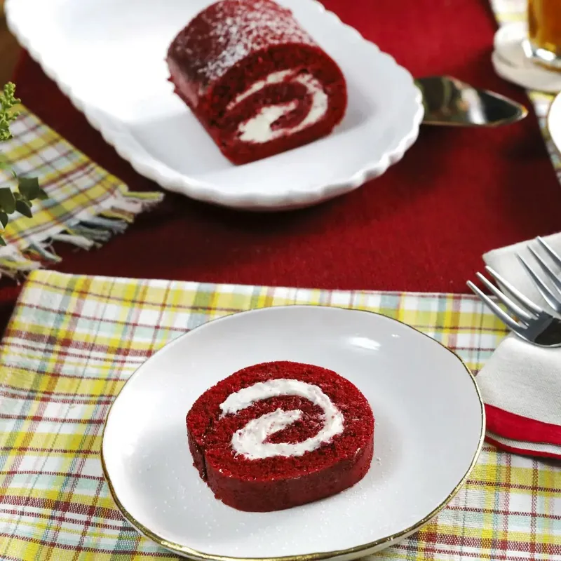 Red Velvet Swiss Roll with Cream Cheese Frosting