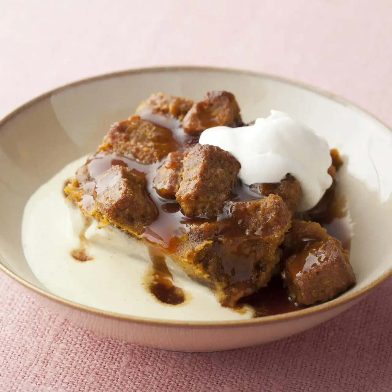 Pumpkin Bread Pudding with Spicy Caramel Apple Sauce and Vanilla Bean Creme Anglaise