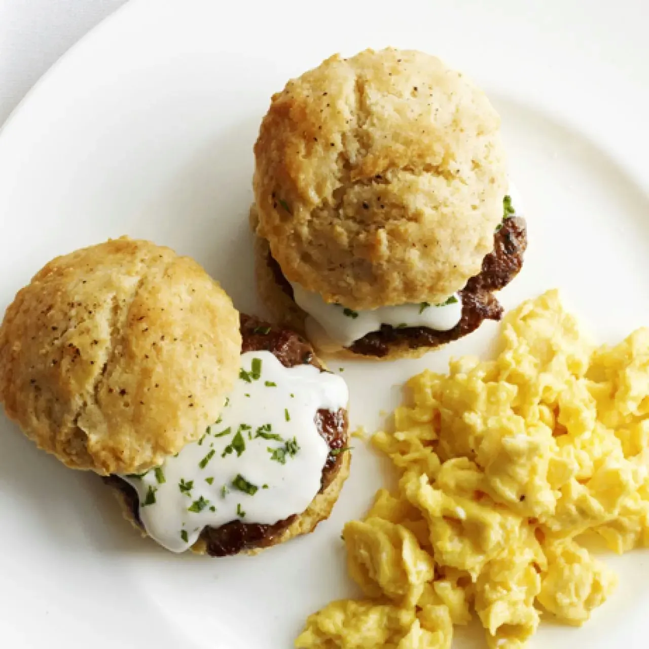 Biscuits With Cream Gravy, Sausage and Scrambled Eggs