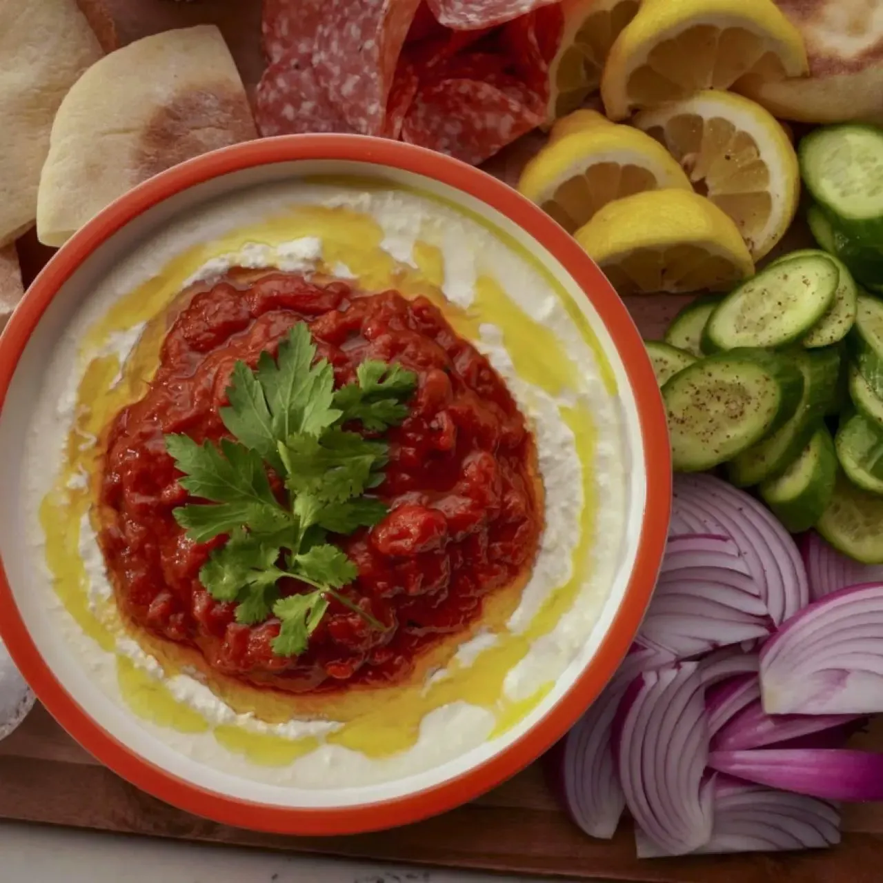 Cooked Tomato and Roasted Red Pepper Salad with Whipped Feta and Pita