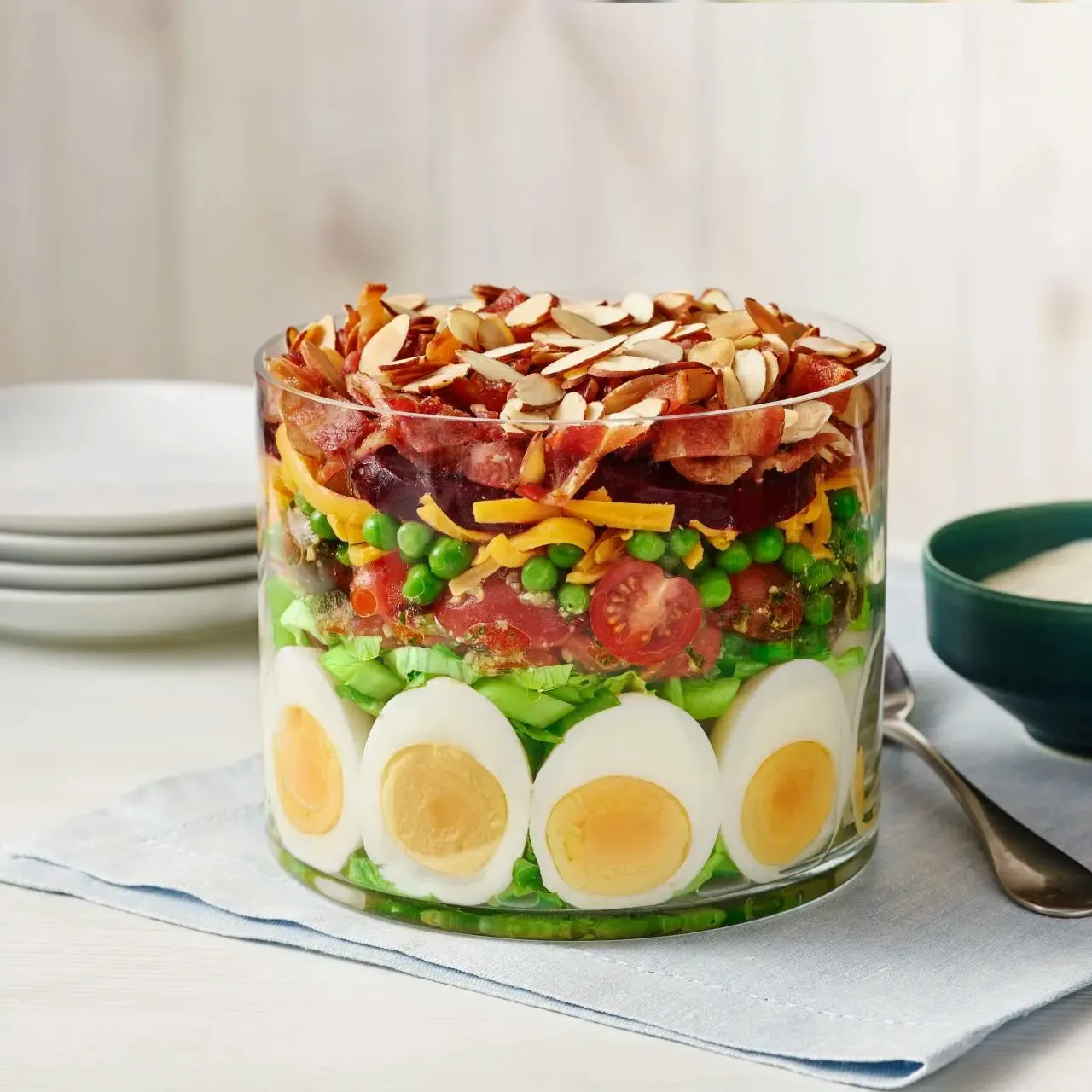 7-Layer Salad with Pine Nut Pesto, Bacon and Roasted Beets with Toasty Almonds
