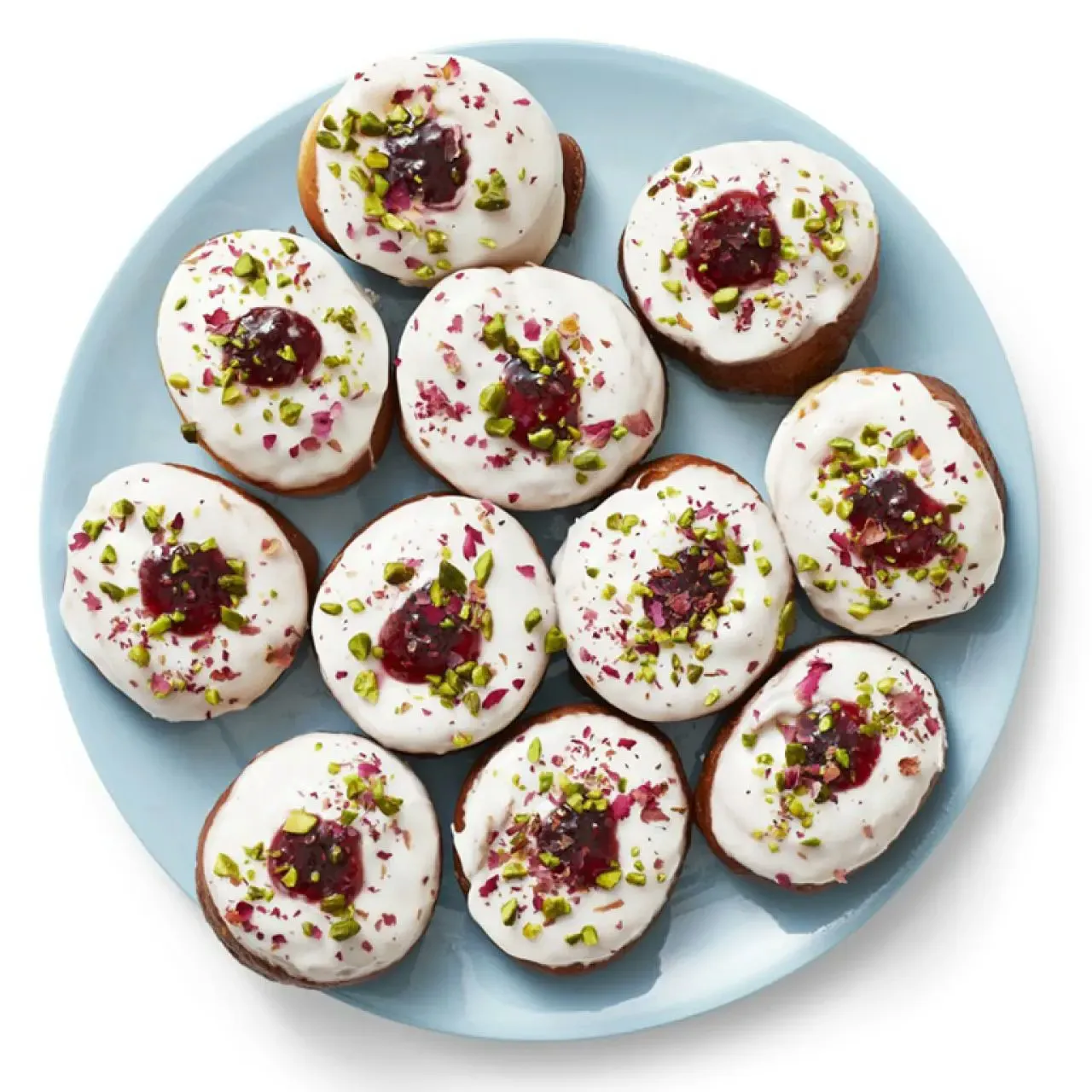 Rose Jam Doughnuts with Vanilla Glaze and Pistachios