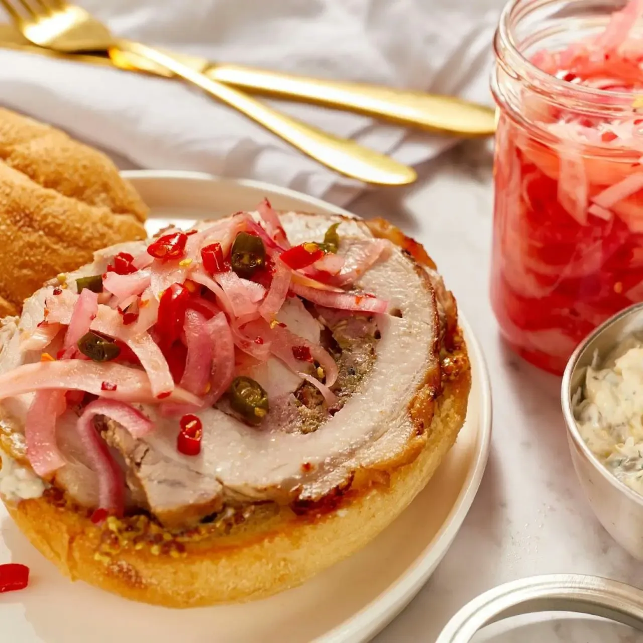 Porchetta-ish Sandwiches with Caper Mayo and Picked Fennel